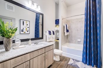 A bathroom with a shower and a sink and a toilet